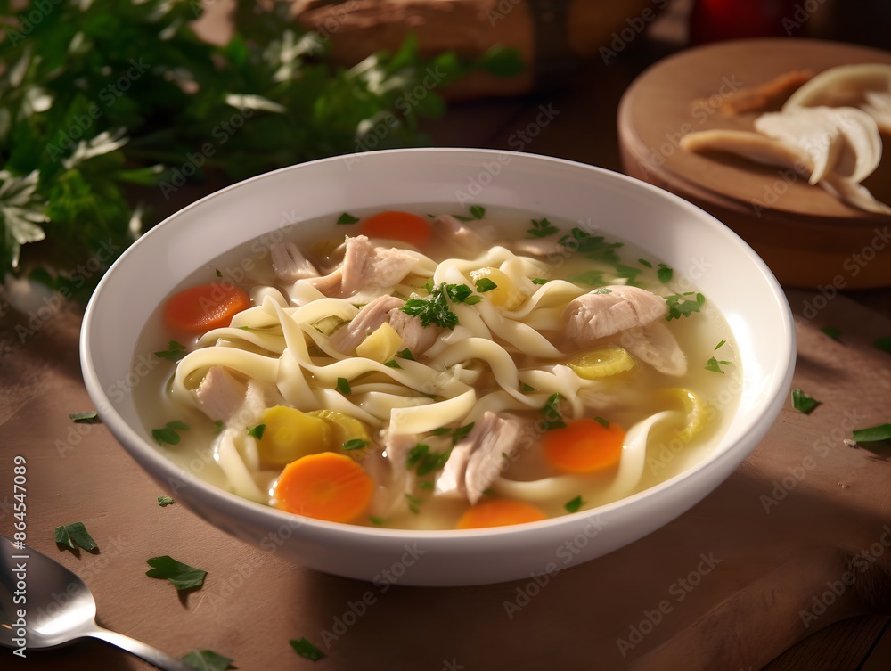 Hearty homemade chicken fusilli soup with carrots and fresh herbs. Hearty homemade chicken fusilli soup with carrots and fresh herbs.