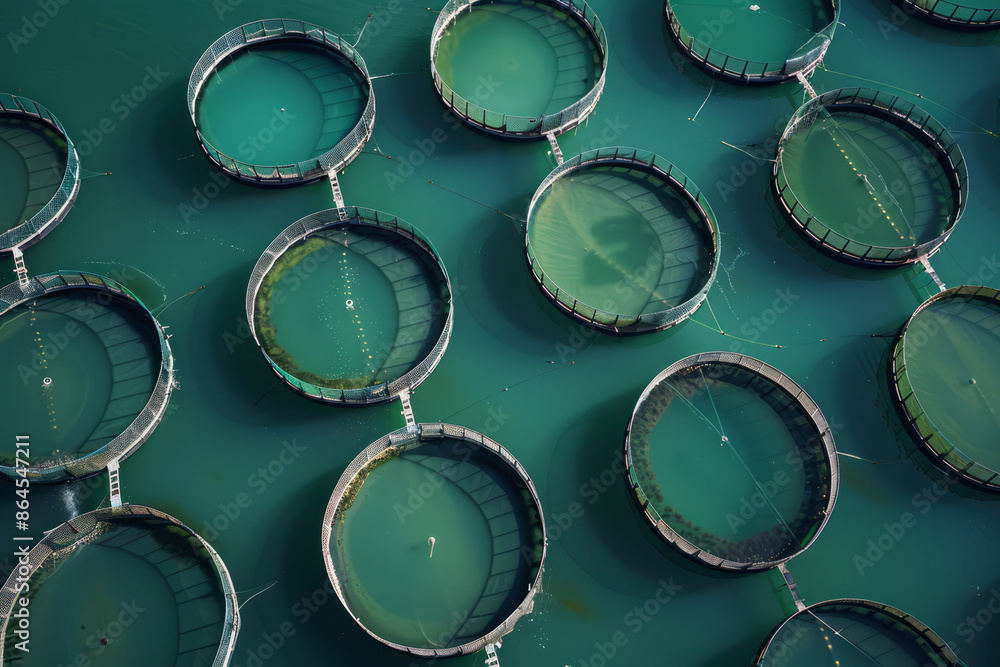 Aerial view of fish farming setup in lake surrounded by lush greenery. Round cages in water for fish cultivation Aerial view of fish farming setup in lake surrounded by lush greenery. Round cages in water for fish cultivation