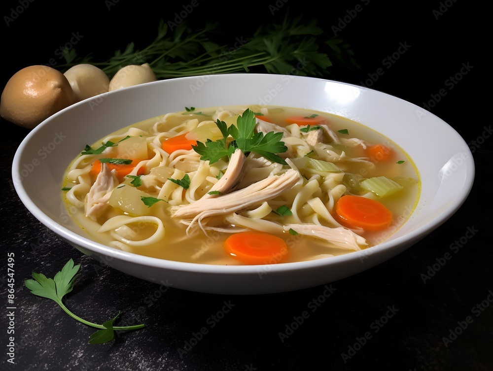 Hearty homemade chicken fusilli soup with carrots and fresh herbs. Hearty homemade chicken fusilli soup with carrots and fresh herbs.