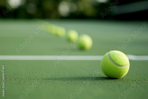 Multiple tennis balls aligned on a green tennis court. Ideal for sports, tennis, coaching, and athletic-themed promotions and advertisements.