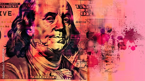 Colorful artistic portrait of Benjamin Franklin on US dollar bill background. Vibrant splash of paint adding modern twist to classic image. Perfect for financial, artistic, or educational use. AI