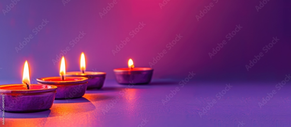 Close-up image showing six Diwali candles against a purple background, symbolizing the Hindu festival of lights and tradition with space for text. Close-up image showing six Diwali candles against a purple background, symbolizing the Hindu festival of lights and tradition with space for text.