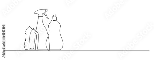 One continuous line drawing of cleaning service and detergent products. Household tools and bottle spray concept in simple linear style. Fresh washing and dry cleaning. Doodle vector illustration