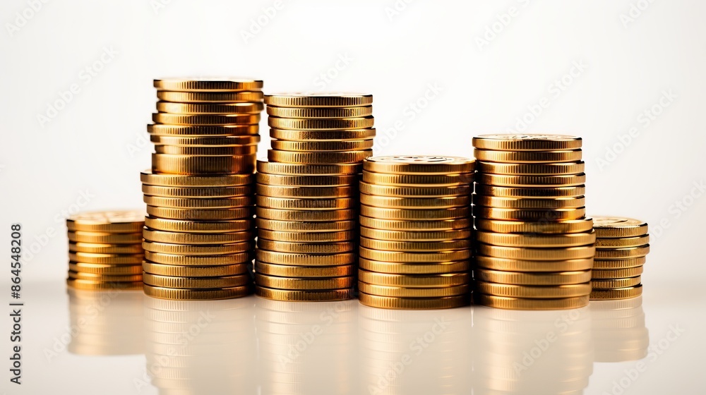 Stacks of shiny gold coins arranged in rows on a white background, symbolizing wealth, savings, and financial growth. Stacks of shiny gold coins arranged in rows on a white background, symbolizing wealth, savings, and financial growth.