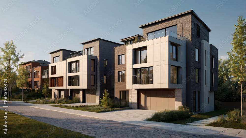 Street with modern modular private townhouses. Appearance of residential architecture Street with modern modular private townhouses. Appearance of residential architecture