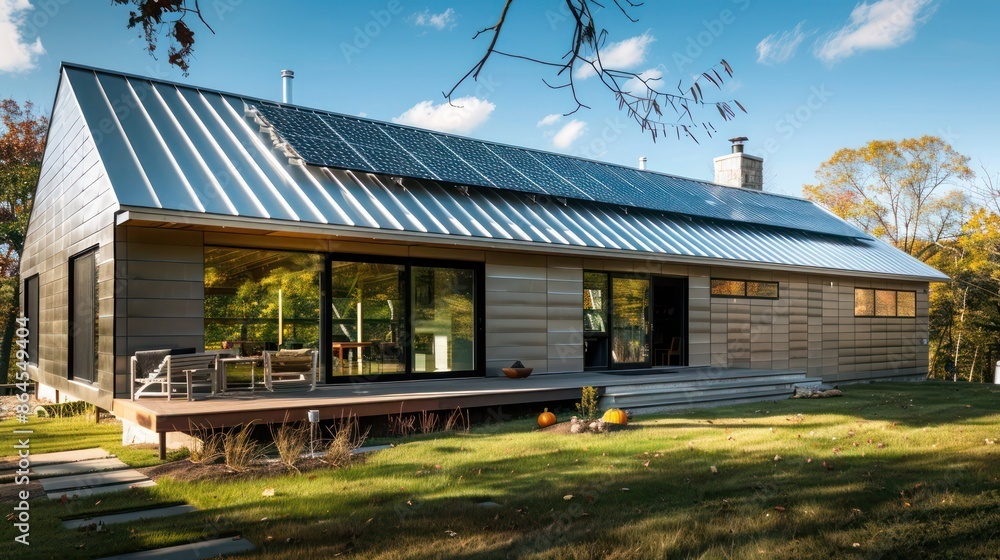 eco-friendly house with aluminum siding, integrated with solar panels, highlighting the material's energy efficiency and modern application eco-friendly house with aluminum siding, integrated with solar panels, highlighting the material's energy efficiency and modern application