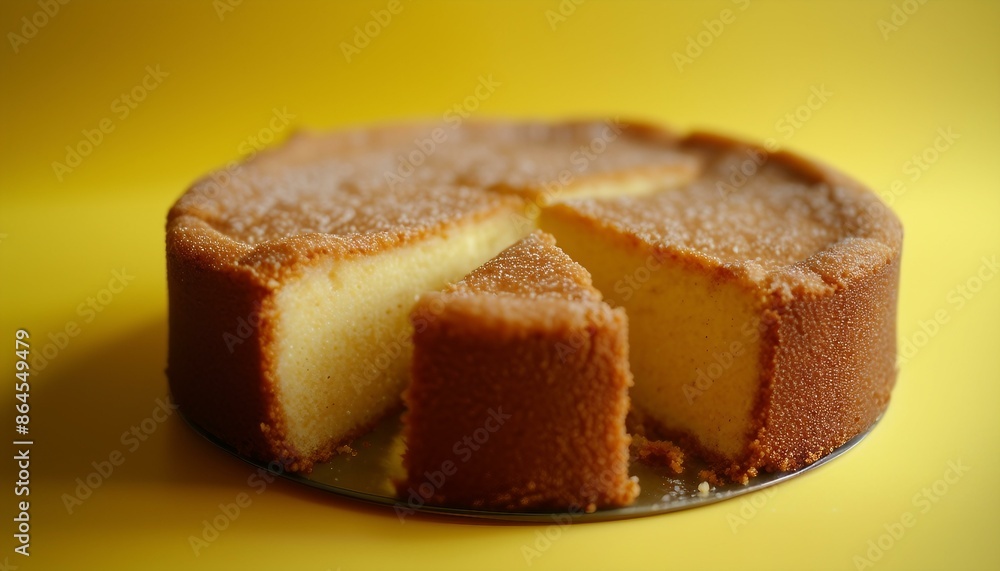 A brown round food item with slices missing is placed on a yellow background or table, likely representing an enjoyable dessert such as cake. A brown round food item with slices missing is placed on a yellow background or table, likely representing an enjoyable dessert such as cake.