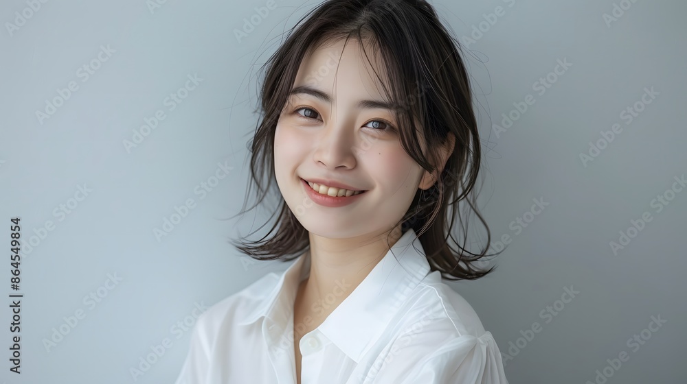 白いシャツを着た笑顔の日本人女性 白いシャツを着た笑顔の日本人女性
