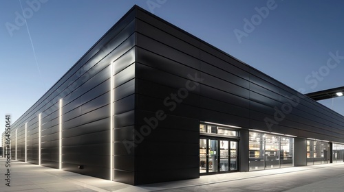 ultra-modern retail space with an exterior clad entirely in matte black aluminum siding, under bright lights
