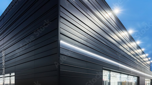 ultra-modern retail space with an exterior clad entirely in matte black aluminum siding, under bright lights