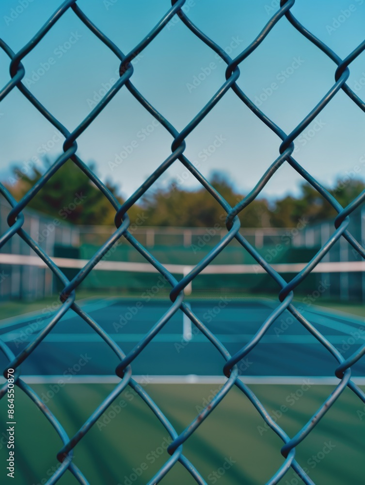 Tennis court viewed through chain link fence Tennis court viewed through chain link fence