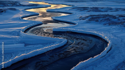 Sinuous esker ridges formed by glacial meltwater, winding through a landscape of ice and snow photo