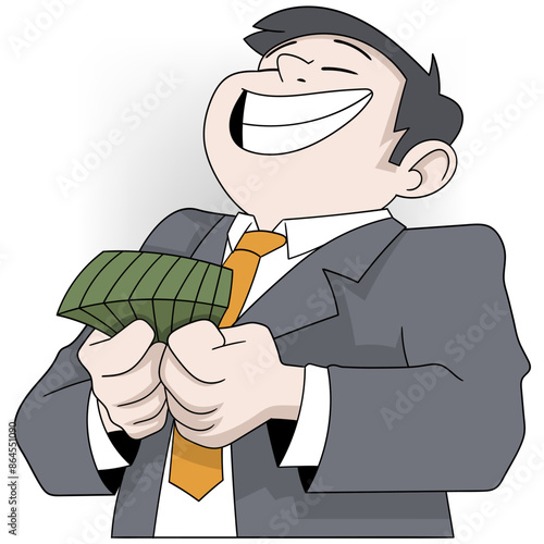 Ecstatic Cartoon Businessman Holding a Stack of Money