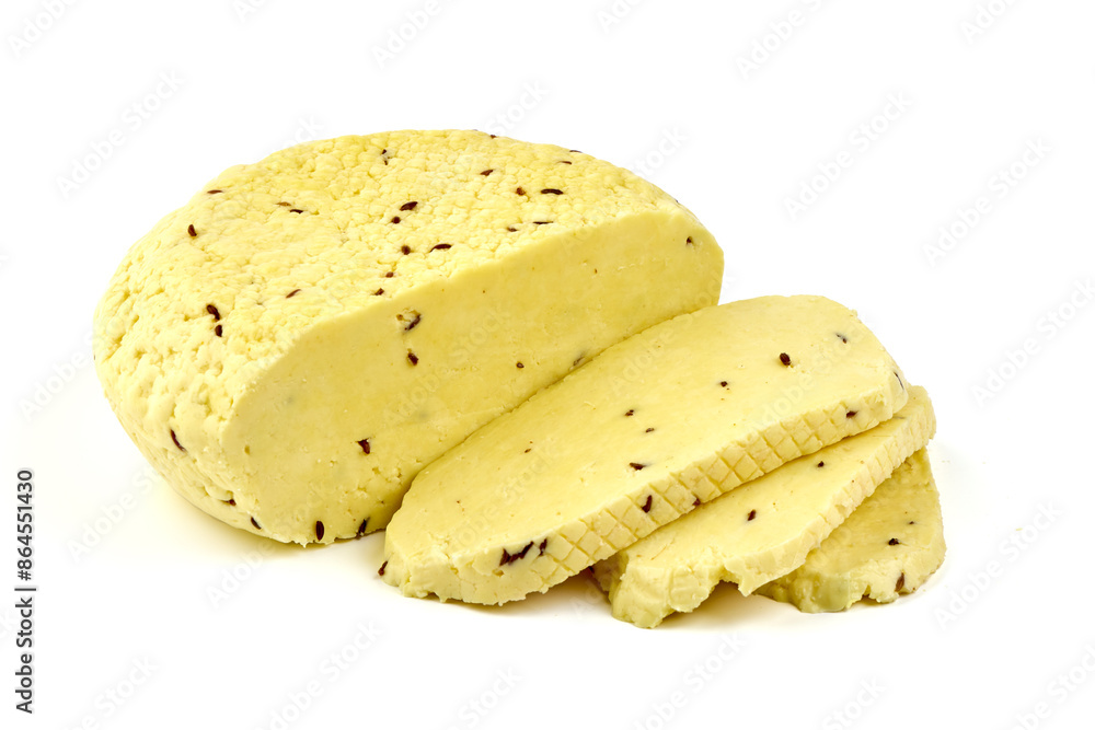 Caraway cheese, isolated on a white background. Caraway cheese, isolated on a white background.