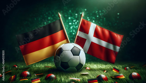 Länderflaggen von Deutschland und Dänemark mit einem Fußball in der Mitte, Fußball EM 2024, Europameisterschaft