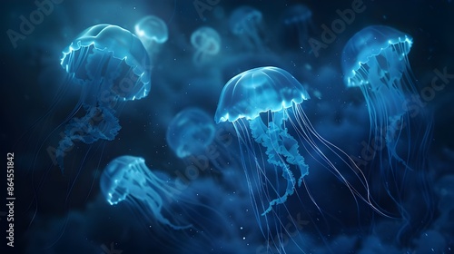 an illustration of several lifelike jellyfish, each made of jelly, shimmering in the mysteriously ethereal blue oceanic depths. It should seem as though these jellyfish