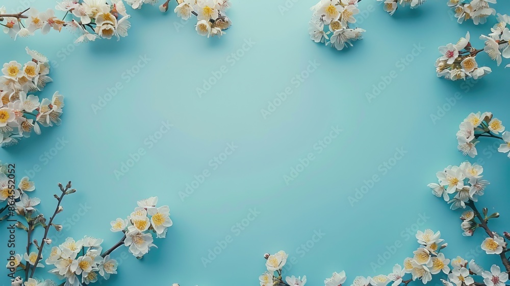 Turquoise background with cherry blossoms top view flat lay Turquoise background with cherry blossoms top view flat lay