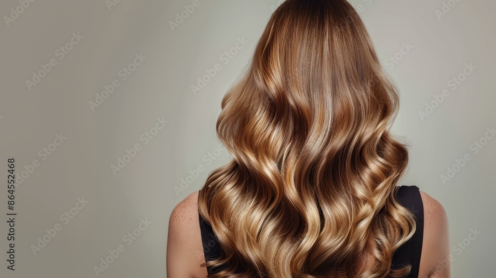 Fototapeta premium a woman with long wavy hair is shown from the back