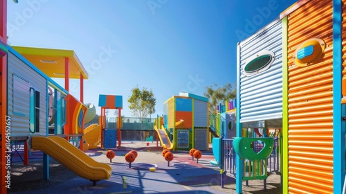 childrena??s playground with colorful, durable aluminum siding used in the construction of play structures, showcasing the material's safety and color stability © Aeman