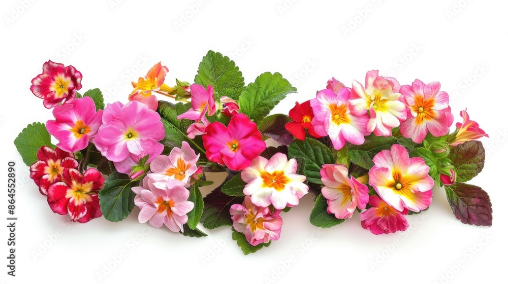 Obraz premium Colorful flowers including roses and periwinkles on white background.