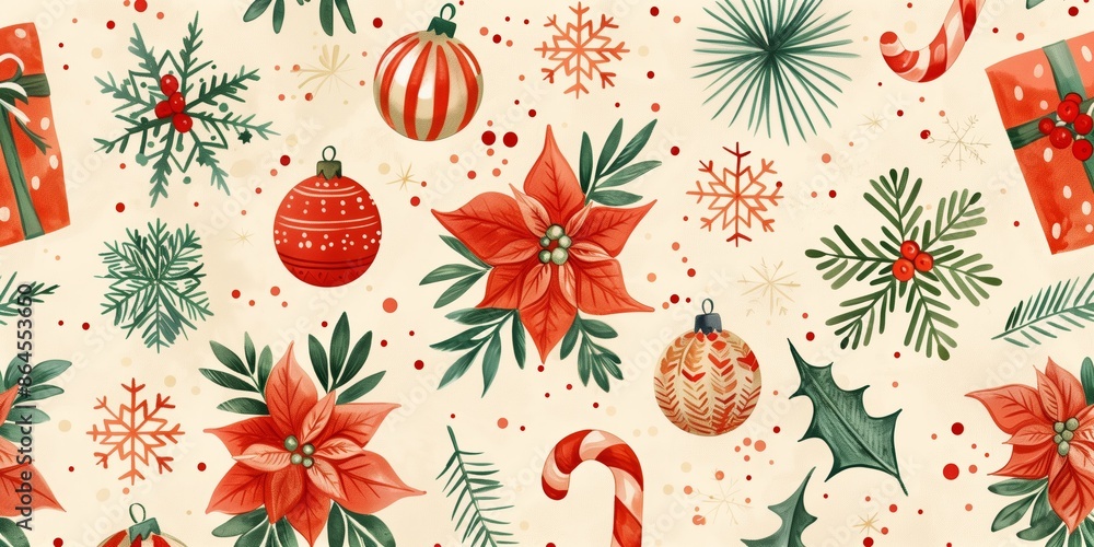 A vibrant and cheerful Christmas-themed pattern featuring a variety of holiday decorations. A vibrant and cheerful Christmas-themed pattern featuring a variety of holiday decorations.