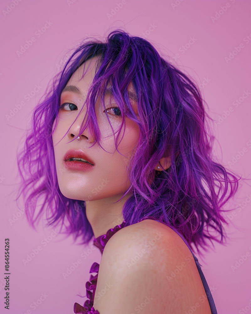 Transgender asian woman bright purple hair, posing confidently against soft pink studio background Transgender asian woman bright purple hair, posing confidently against soft pink studio background