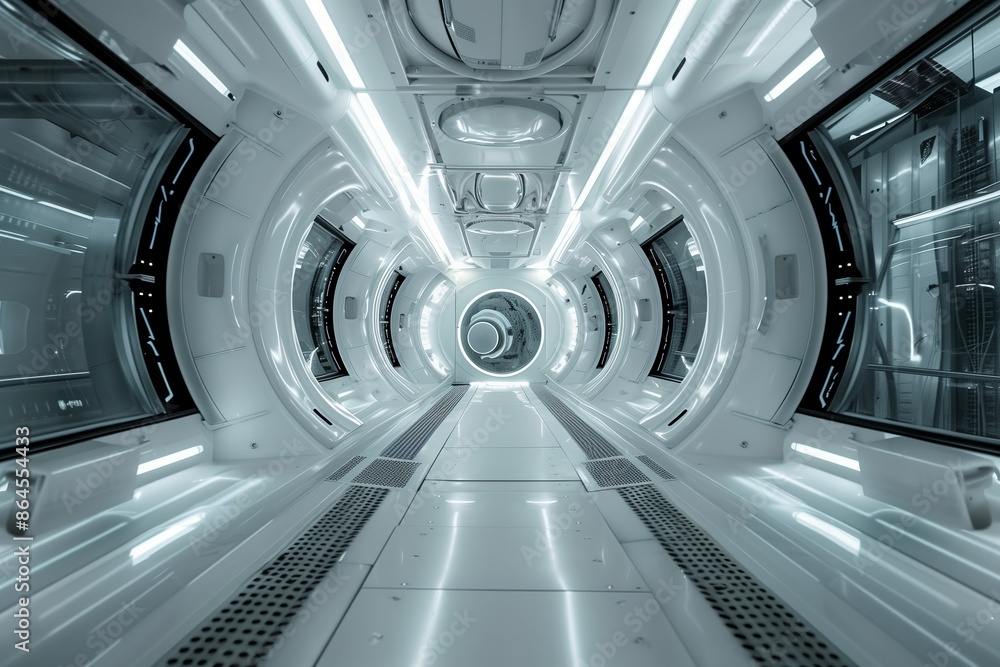 Obraz premium Futuristic technology corridor. Space station interior hall. Future architecture, indoor science. Modern spaceship hallway with light. Blue perspective for travel. Black background
