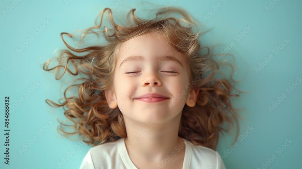 A child with a gentle, satisfied smile, looking relaxed and happy, on a soft light blue background. A child with a gentle, satisfied smile, looking relaxed and happy, on a soft light blue background.