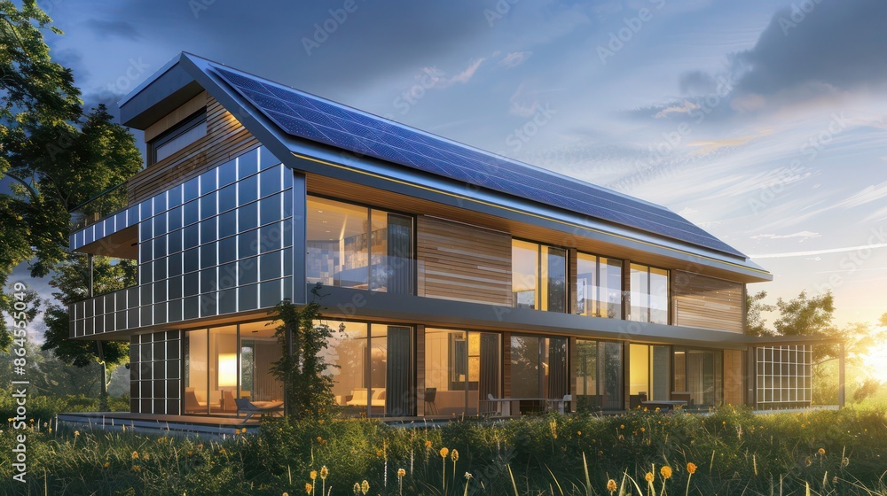 conceptual solar-powered home with aluminum siding designed with integrated photovoltaic cells, emphasizing energy efficiency and modern design conceptual solar-powered home with aluminum siding designed with integrated photovoltaic cells, emphasizing energy efficiency and modern design