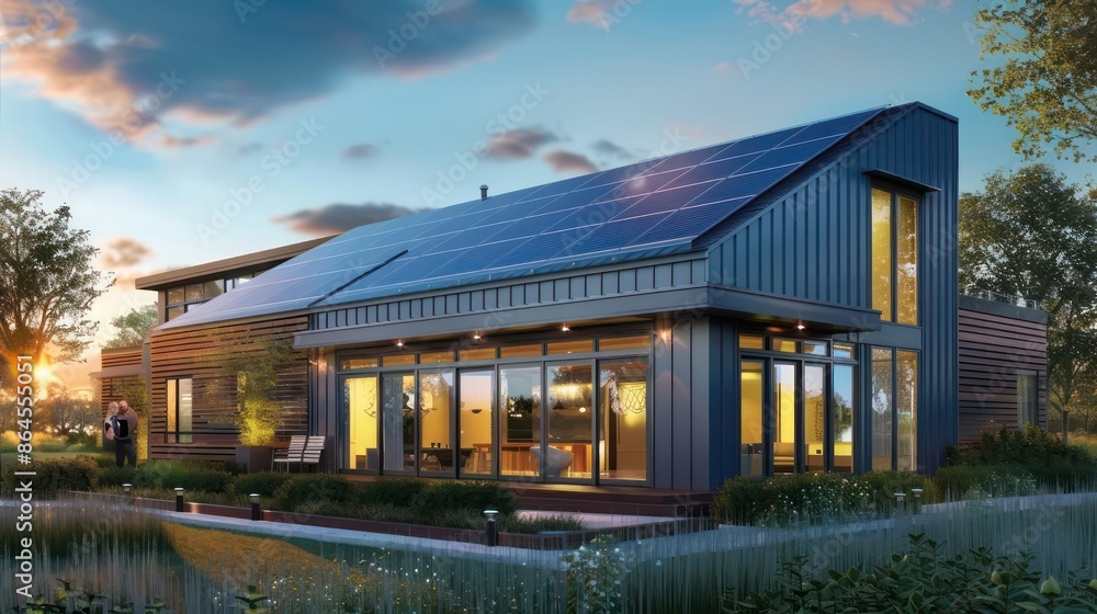 conceptual solar-powered home with aluminum siding designed with integrated photovoltaic cells, emphasizing energy efficiency and modern design conceptual solar-powered home with aluminum siding designed with integrated photovoltaic cells, emphasizing energy efficiency and modern design