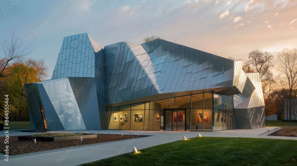 Obraz premium contemporary art museum exterior featuring a complex, angular aluminum siding structure