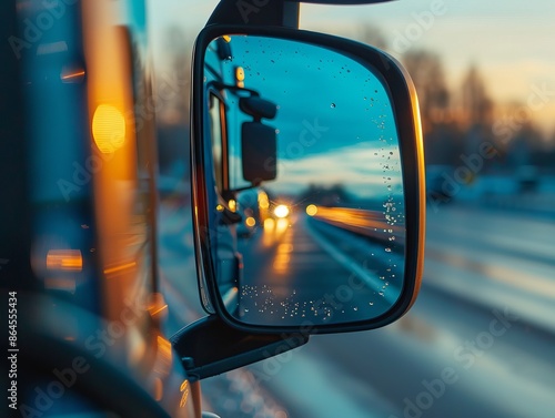 Background with a truck side mirror reflecting highway lights. photo