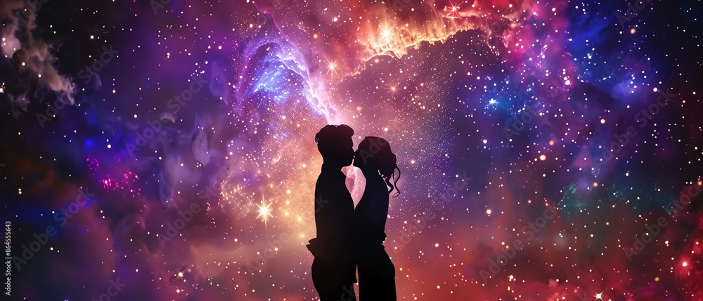 Fototapeta premium A loving couple sharing a tender kiss under a blanket of stars