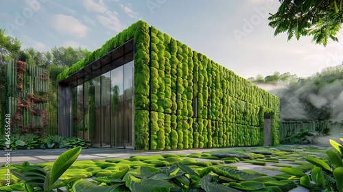 contemporary botanical garden visitor center with walls of green moss bricks, integrating living plants directly into the buildinga??s structure photo