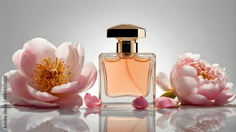 flower and elegant women perfume bottle on plain white background
flower and elegant women perfume bottle on plain white background