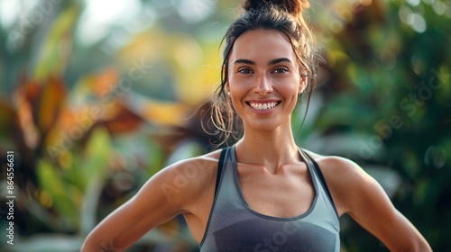 Smiling woman in sportswear doing fitness outdoors © Anzhela