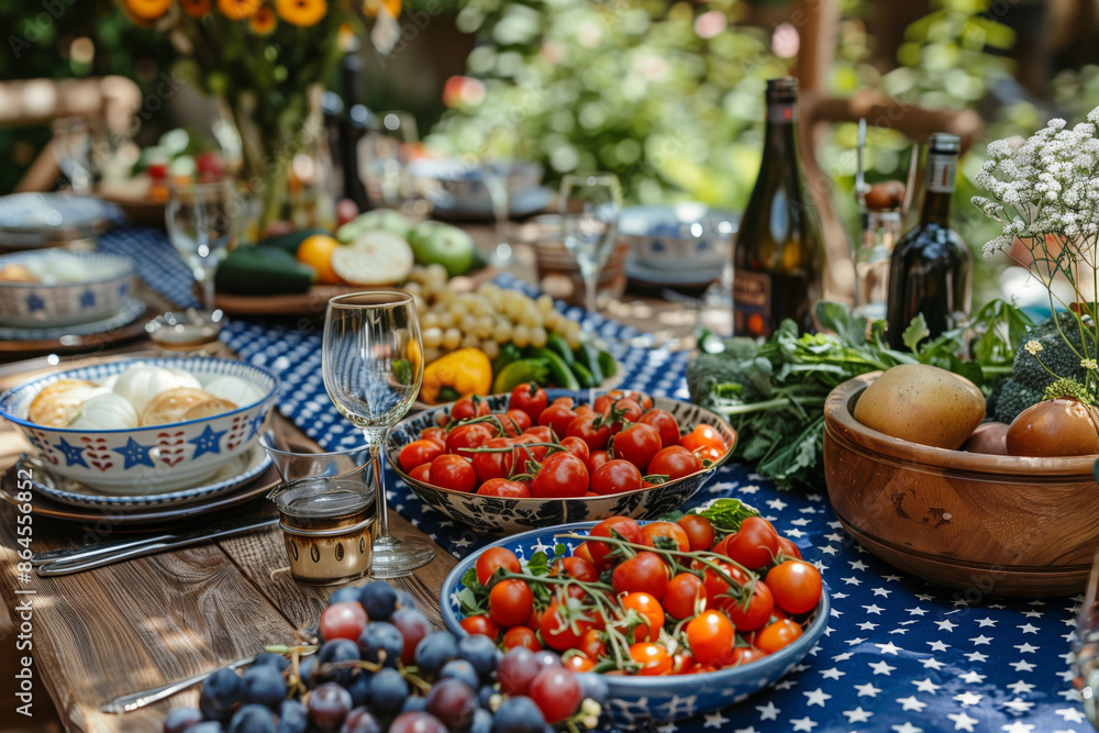Outdoor summer dinner party with vegetables and fruit blue and white decor, flowers, and a farmhouse table setting with an American flag backdrop and blue and white tablecloth with USA flag pattern. Outdoor summer dinner party with vegetables and fruit blue and white decor, flowers, and a farmhouse table setting with an American flag backdrop and blue and white tablecloth with USA flag pattern.