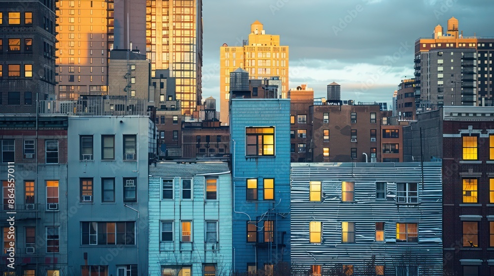 Fototapeta premium dramatic urban skyline at dusk, where the setting sun casts a golden glow on buildings with aluminum siding