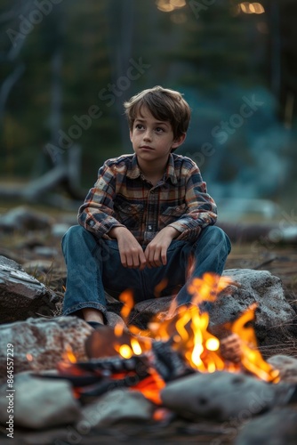 Boy Sitting by Campfire