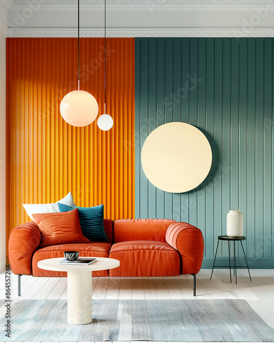 Terra cotta sofa against orange and turquoise paneling wall. Minimalist interior design of modern living room. photo