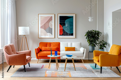 Vibrant colorful multicolored sofa and armchairs against grey wall with two frames. Scandinavian interior design of modern living room. photo