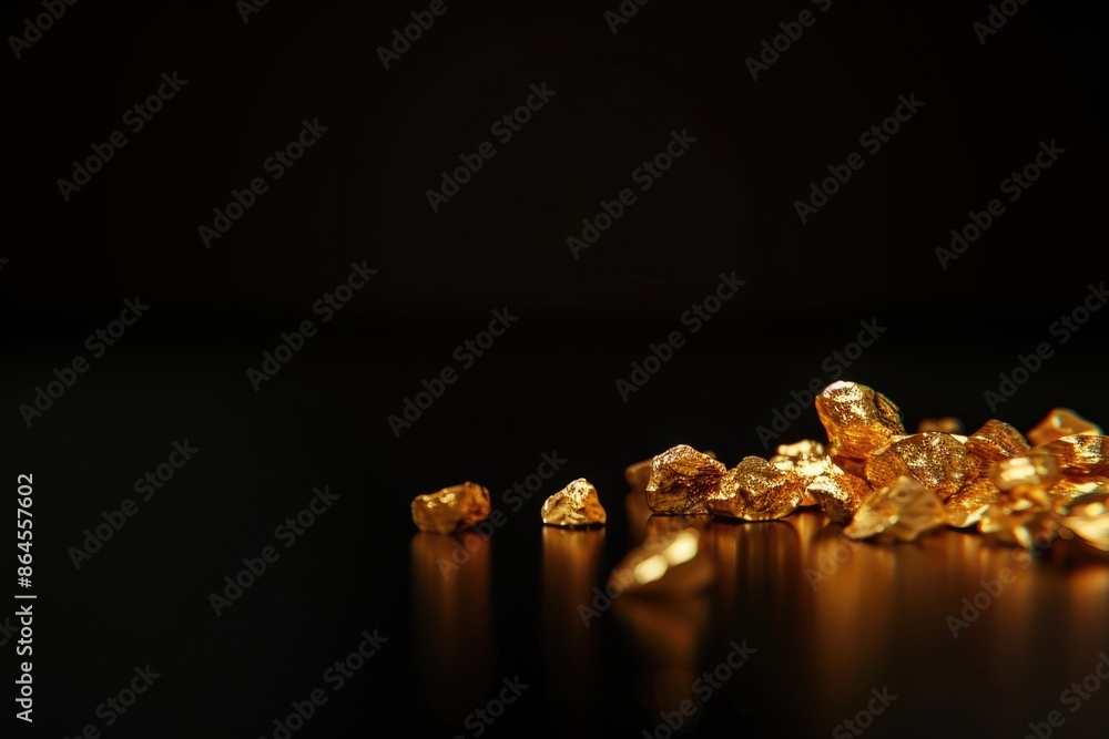 Golden nuggets on black background with reflection Golden nuggets on black background with reflection
