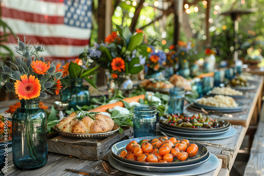 Outdoor summer dinner party with grilled food, blue and white decor, flowers, and a farmhouse table setting with an American flag backdrop. Outdoor summer dinner party with grilled food, blue and white decor, flowers, and a farmhouse table setting with an American flag backdrop.
