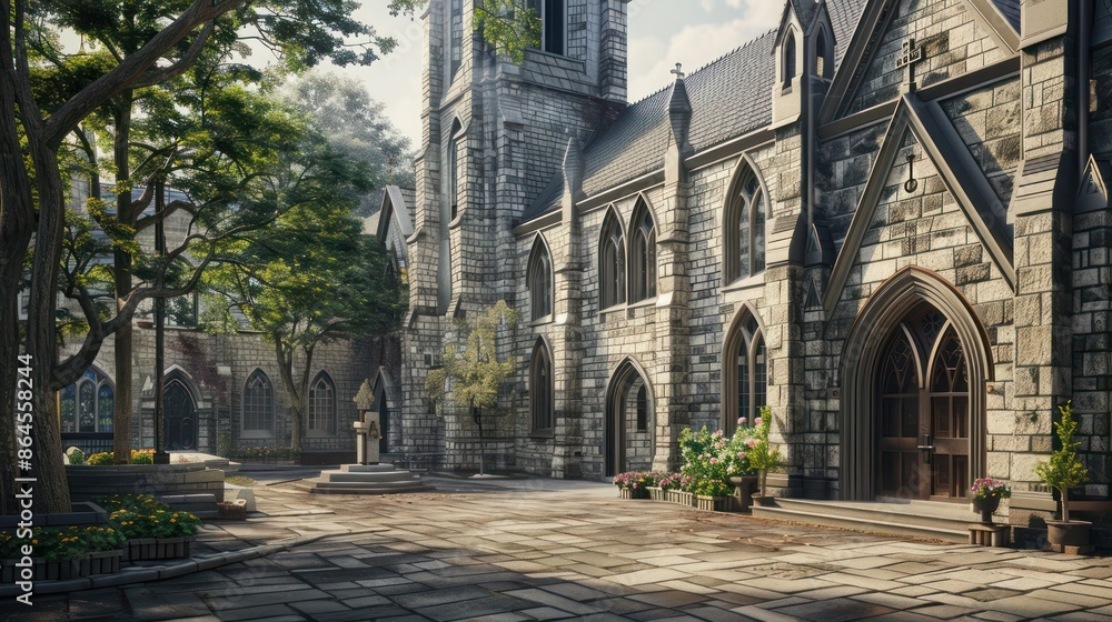 Fototapeta premium historic church with intricate stone masonry restored to its original splendor, serving as both a place of worship and a monument to architectural artistry