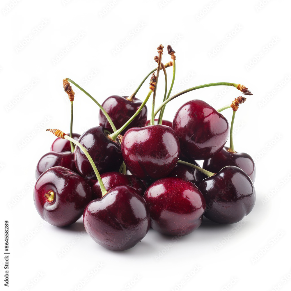 A bunch of fresh, dark red cherries with green stems, isolated on white background A bunch of fresh, dark red cherries with green stems, isolated on white background