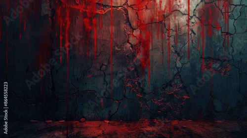 Bloody background scary on damaged grungy crack and broken concrete bricks wall and floor, concept of horror and Halloween