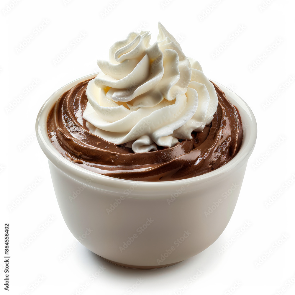 A bowl of chocolate mousse with whipped cream on top, isolated on white background A bowl of chocolate mousse with whipped cream on top, isolated on white background