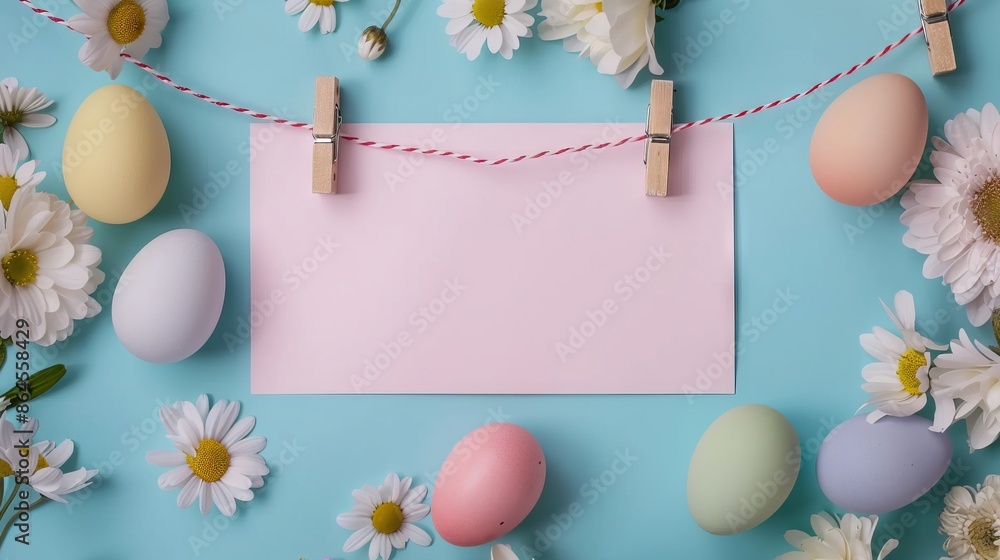 Easter greeting card with colored eggs and flowers. Easter greeting card with colored eggs and flowers.