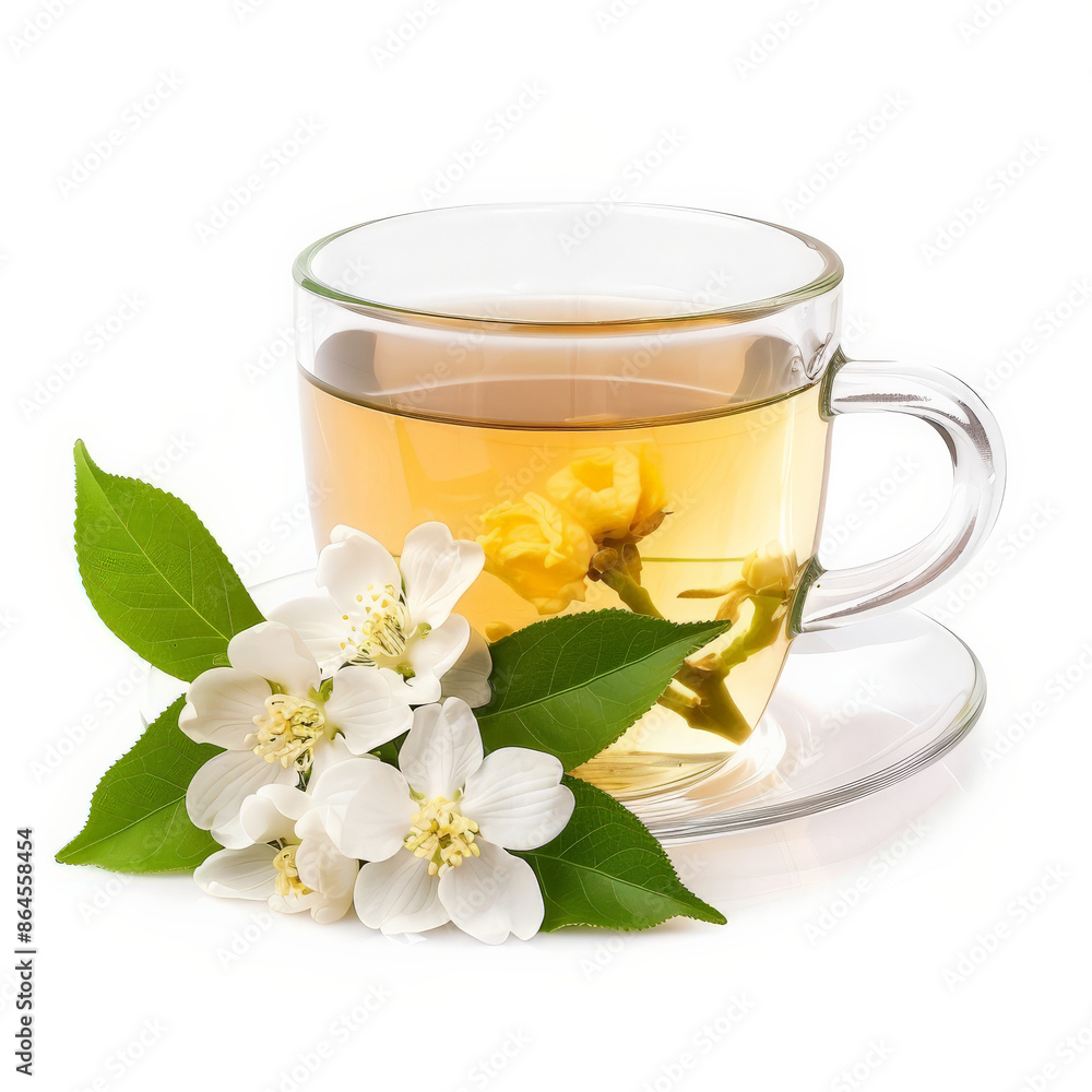 A mug of hot jasmine tea with jasmine flowers, isolated on white background A mug of hot jasmine tea with jasmine flowers, isolated on white background
