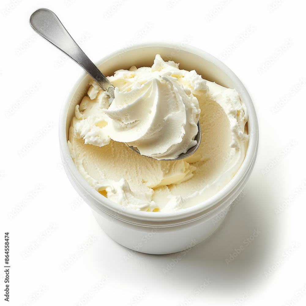 A tub of mascarpone cheese with a spoonful taken out, isolated on white background A tub of mascarpone cheese with a spoonful taken out, isolated on white background